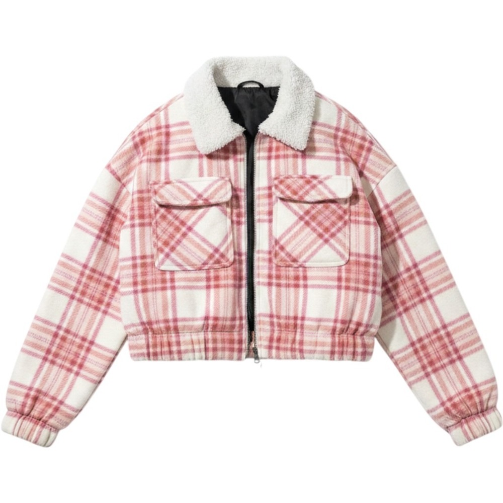 Derek Heart Womens Pink Plaid Cropped Faux Fur Collar Bomber Jacket Medium